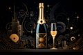 Deco Celebration: Art Deco-Style Illustration of Champagne Bottle and Flute