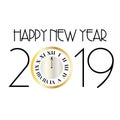 Deco happy new year 2019 with silver gold clock on white graphic Royalty Free Stock Photo