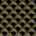 Deco seamless pattern. Greek ornamental background. Repeat vector curves backdrop. Greek key meanders gold 3d deco