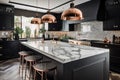 deco-style kitchen with sleek black and white finishes, marble countertops, and copper accents