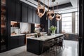deco-style kitchen with sleek black and white finishes, marble countertops, and copper accents