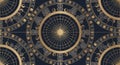 Deco style seamless pattern with gold concentric circles and celestial motifs on a dark blue background creating a feel Royalty Free Stock Photo