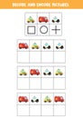 Decode and encode pictures. Write the symbols under cute cartoon transport.