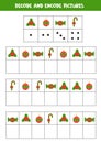 Decode and encode pictures. Write the symbols under cute Christmas elements.