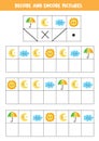 Decode and encode pictures. Write the symbols under cute weather elements.