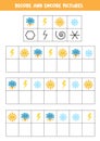 Decode and encode pictures. Write the symbols under cute weather pictures.