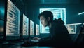 Decoding the Digital Realm: A Hacker Immersed in Lines of Code Royalty Free Stock Photo