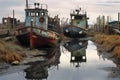 decommissioned boats moored at run-down dock