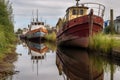 decommissioned boats moored at run-down dock