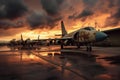 decommissioned military jets under a dramatic sky