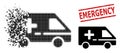 Decomposed Pixelated Medical Emergency Car Icon and Textured Emergency Stamp