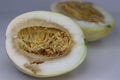 Decomposed or rotten honeydew melon. Cross section of the honeydew melon with its rotten or spoiled flesh
