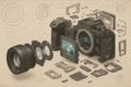 Deconstructed Camera A Detailed Look at Components Internal Mechanisms of a Digital Camera Exploring Photography Lens Sensor Royalty Free Stock Photo