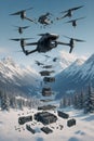 Deconstructed Drone in Snowy Mountain Landscape A Visual Exploration of Aerial Technology Parts and Components Exploded View in Royalty Free Stock Photo