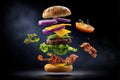 Generated AI image. Deconstructed hamburger with floating ingredients in exploded vertical vieve Royalty Free Stock Photo