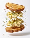 Deconstructed view of egg salad sandwich with herbs on toasted bread isolated on white background Royalty Free Stock Photo