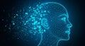 Deconstructing Blue Wireframe Human Head with Digital Particles Royalty Free Stock Photo