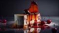 Deconstuction of Cherry Cheese Cake Slice Decorated With Cherries and Dripping Jam on a Dark Theme Background AI Generative Royalty Free Stock Photo