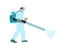 Decontamination against corona virus applying chemical spray. Cleaning man in medical protective gear, face mask vector.