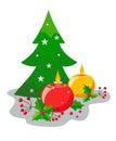 Decor of burning, round candles, leaves and berries of holly and deco Christmas trees in the style of flat. Cute decor for Christm