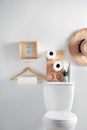 Decor elements, necessities and toilet bowl near wall