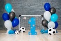 Decor of the first year of football, gates, balls and soccer balls