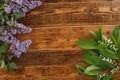 The decor of the flowers of lilies of the valley and lilac on the background of vintage wooden boards. Vintage background with Royalty Free Stock Photo