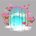 The decor in the form of a fantasy waterfall with elements of flowers, hearts and butterflies isolated on grey