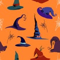 Halloween seamless pattern with witch pointed hats of different styles.