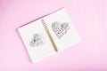 Decor heart on notebook. Love symbol. Valentines day concept. Women's day concept. Open notebook. Royalty Free Stock Photo