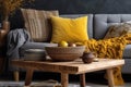 decor home cushion yellow modern window grey house pillow sofa interior. Generative AI.