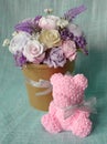 Decor for the house from soap - a bouquet of flowers and a bear from roses