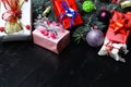 Decor made of red, pink and white gifts. Christmas decorations Royalty Free Stock Photo