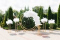 The decor of the marriage registration of marriage wedding outdoors, Golden columns, round