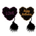 Decor in the style of a female costume for Halloween. Heart lacy black with a fluffy brush. Vector illustration isolated