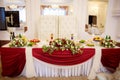 Decor of a wedding party. Wedding table decoration in a restaurant. Glasses, drinks, food. Festive decoration of the interior Royalty Free Stock Photo