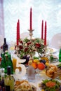 Decor of a wedding party. Wedding table decoration in a restaurant. Glasses, drinks, food. Festive decoration of the interior Royalty Free Stock Photo