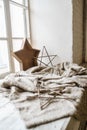 Decor of the windowsill, decoration of the window with stars Royalty Free Stock Photo