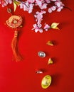 Decorate chinese new year 2019 on a red background(Chinese characters . FU. in the article refer to good luck, wealth, money flow Royalty Free Stock Photo