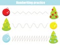 Decorate spruce handwriting practice sheet. Educational children game. Preschool Tracing for toddlers. Christmas and new year