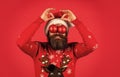Decorate your home. Bearded hipster man hold christmas decoration. Run xmas party. Organise party. Optimism concept