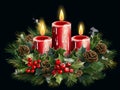 Decorated advent wreath with three red candles on a black background. Royalty Free Stock Photo