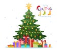 Decorated with balls and garlands Christmas tree. Pile of christmas gift boxes. Vector illustration in flat design