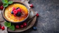 Decorated with berries and mint leaves, a classic dessert, creme brulee, a rich custard base topped with a contrasting layer of