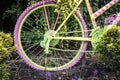 Decorated bicycle bike covered in plants and flowers in a garden display. Rear wheel