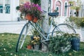 A decorated bicycle on the street in the European city