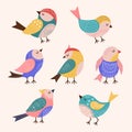 Decorated birds. Trendy stylized colored flying birds with folk and botanical graphics authentic decor recent vector