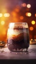 Decorated black and white chocolate mousse with a cozy blurred background Royalty Free Stock Photo
