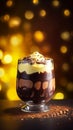Decorated black and white chocolate mousse with a cozy blurred background Royalty Free Stock Photo