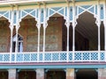 Decorated blue wood balcony to Tsinandali in Georgia.